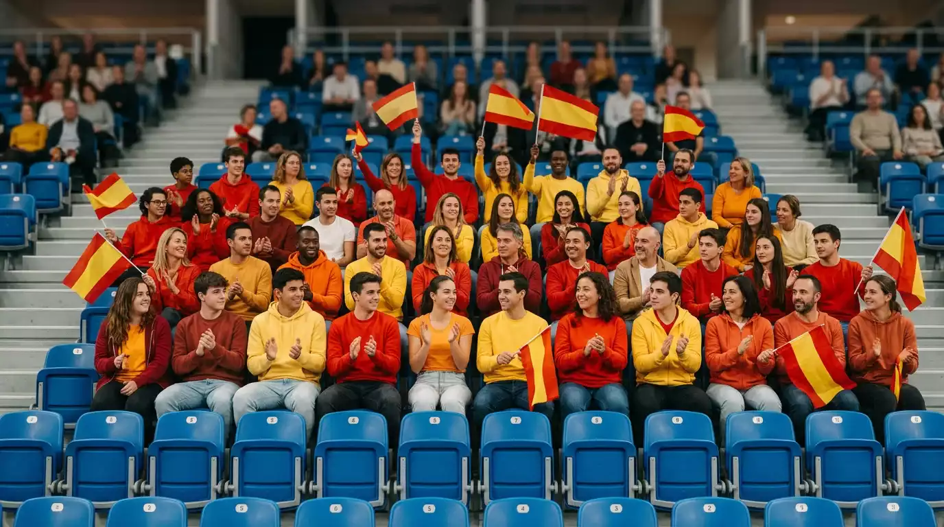 Aficionados españoles animando con banderas en las gradas durante una eliminatoria de la Copa Davis